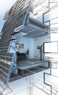 an architectural rendering of a house with solar panels on the roof and stairs to the upper floor