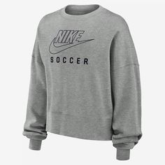 It's your game. Make sure everyone knows in this Nike fleece sweatshirt. Smooth on the outside, slightly fuzzy on the inside, our midweight semi-brushed fleece helps keep you cozy while still being breezy. Heather Grey Sweatshirt For Fall Sports, Nike Athleisure Sweatshirt In Athletic Heather, Athletic Heather Sweats With Ribbed Cuffs For Sports, Sporty Fleece Sweats In Athletic Heather, Casual Athletic Heather Fleece Sweats, Casual Fleece Sweats In Athletic Heather, Nike Gray Tops With Ribbed Cuffs, Fall Athletic Heather Sweats With Ribbed Cuffs, Casual Athletic Heather Sweatshirt With Ribbed Cuffs