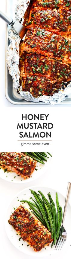 an advertisement for honey mustard salmon with green beans