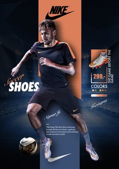 a man is kicking a soccer ball in front of an orange and black advertisement for nike shoes