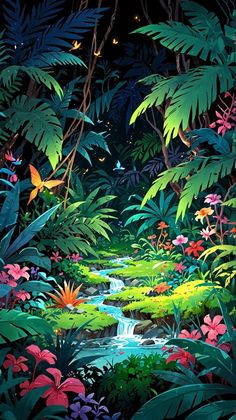 a painting of a stream in the middle of a forest with lots of plants and flowers