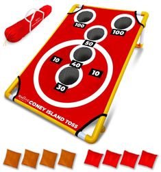 a red and yellow board game set up to play