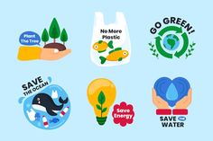 four stickers with different types of plants and animals on them, including save the ocean