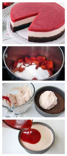 there are four different types of cheesecakes in the pans with strawberries on top