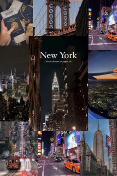 the new york city skyline is shown in this collage with many different images and words