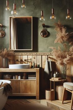 a bath room with a sink and a mirror on the wall next to a tub