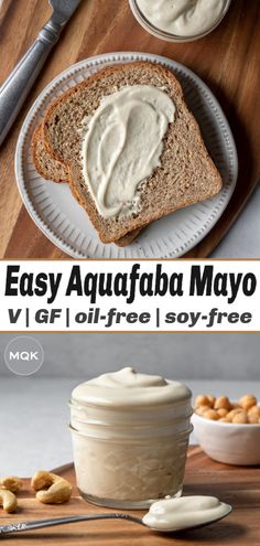 the recipe for easy aquafaba mayo is shown on a plate and in a bowl