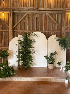 an indoor area with potted plants and wooden walls