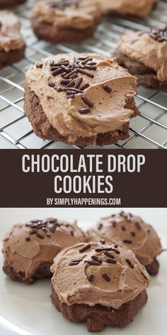 chocolate drop cookies with frosting on a cooling rack