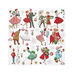 a paper napkin with people dressed up in christmas costumes and decorations on it's surface