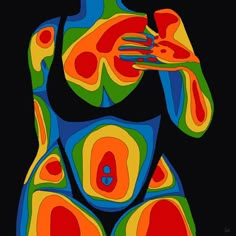 an abstract painting of a woman's torso with multiple colors and shapes on black background