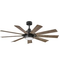 a ceiling fan with four wooden blades and a light on the bottom one is black