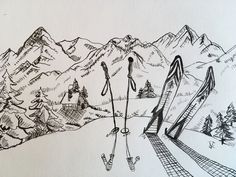 a drawing of skis and snowboards in the mountains