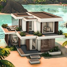 an artist's rendering of a house on the beach with palm trees and water in the background