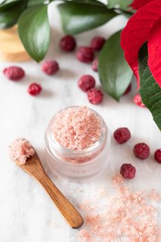 Learn how to make a fruity and festive cranberry lip scrub! This easy DIY lip scrub recipe is perfect for Christmas and the holiday season. Real cranberry powder gently exfoliates while providing a delicious fruity fragrance and flavour. Also makes a wonderful homemade gift idea or stocking stuffer. #lipscrub #alifeadjacent #sugarscrub Easy Diy Lip Scrub, Homemade Gift Idea, Homemade Beauty Recipes