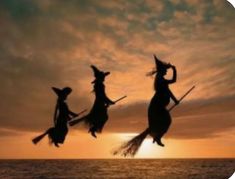 three witches flying in the air with brooms on their heads at sunset over the ocean