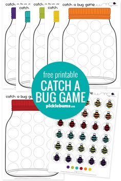 the printable catch a bug game is shown in three different colors and sizes, with text