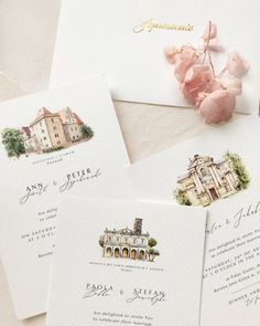 wedding stationery with watercolor drawings and calligraphy