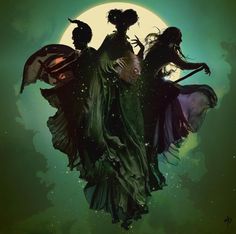 two women dressed as witches flying through the air in front of a full moon,