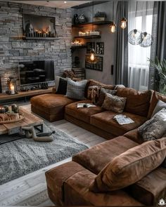 a living room filled with lots of furniture and a fire place in the middle of it