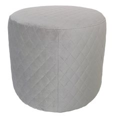 a white round ottoman with diamond quilting on the top and bottom, sitting in front of a white background