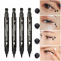 1 Piece Double-Ended Eyeliner Heart/Flower/Moon/Satr Shape Stamp Pen, Waterproof Long Lasting Eye Decoration Cosmetic Black  Double-headed Design: one side is eyeliner pencil, one side is eyeliner stamp. This allows you to get rid clutter and make one purchase because you do not need a messy brush, pencil and ink allowing you to complete cat wing eye makeup with one tool. High-Quality Material: Made from safe and gently ingredient material. It is suitable for all type skin. Easy to Carry: It is Double Eyeliner, Eyeliner Stamp, Black Eye Makeup, Winged Eyeliner Stamp, Black Eyeliner Pencil, Waterproof Eyeliner Pencil, Liquid Eyeliner Pen, Waterproof Liquid Eyeliner, Black Liquid