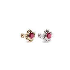 A beautiful flat back stud earring to add to your cartilage. With a modern design, this unique stud is crafted from 14k solid gold and bezel set with a round-cut ruby. It's minimalist and totally chic. You'll love wearing it!  The threaded screw pin earring post is easy to insert and remove, and the flat back makes it comfortable to wear. Our screw pin flat back earring studs are made of solid 14k gold and are hypoallergenic and nickel free. Materials: * 14k solid gold  * Genuine or lab grown ru Daith Jewelry, Tragus Hoop, Helix Jewelry, Unique Studs, Tragus Jewelry, Ruby Earrings Studs, Cartilage Stud, Labret Studs, Flat Back Earrings