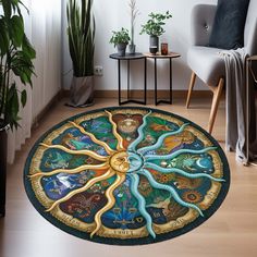 an octopus rug in the middle of a living room with chairs and potted plants