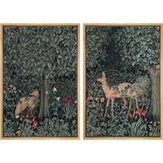 two paintings of animals in a forest with trees and flowers on the left and right sides