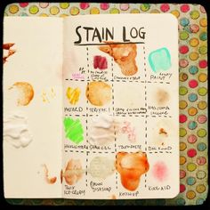 a page in a notebook that has been drawn with watercolors on it and the words stain log