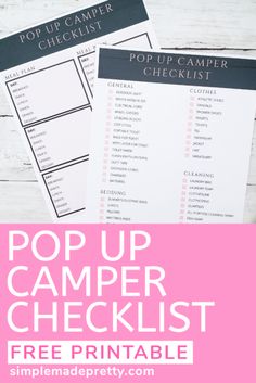 the pop up camper checklist printable is shown with text overlaying it