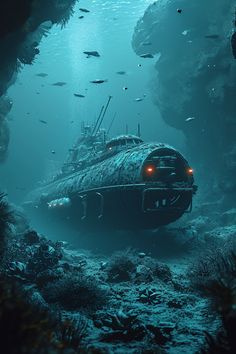 an underwater submarine in the deep blue water