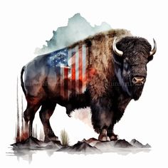 a bison with the american flag painted on it