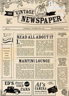 an old fashioned newspaper with advertisements on it and the words'vintage newspaper'written in black