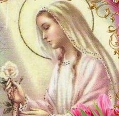 an image of the virgin mary holding a rose in her hand and surrounded by pink flowers