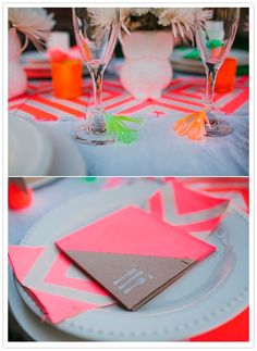 the table is set with pink and orange napkins