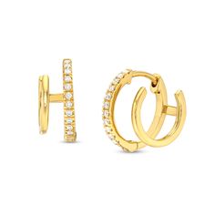 Create a chic stacked look with one simple accessory when you wear these on-trend diamond double-row huggie hoop earrings. Fashioned in warm 10K gold Each cuff-style hoop showcases a ribbon of shimmering diamonds beside a shorter polished ribbon. These 1/6 ct. t.w. diamond earrings secure with hinged backs. Gold Book, Earrings Hoops, Peoples Jewellers, Denim On Denim, Funky Jewelry, Pearl Diamond, Huggie Hoop Earrings, Body Jewellery, Fun Earrings