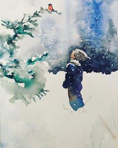 a watercolor painting of a person standing in the snow looking at a bird on a tree