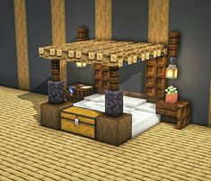 a bed room with a wooden canopy and two night stands on the floor next to it