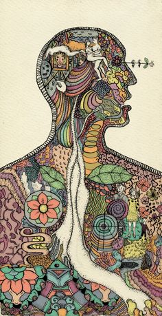 a drawing of a woman's body with many different things in the shape of her head