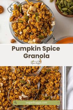 pumpkin spice granola in a glass bowl with spoons