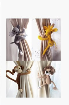 four different stuffed animals hanging from the side of curtains, one in yellow and one in grey