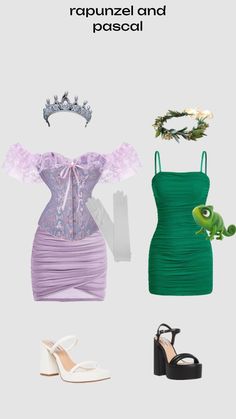 the dress is green, purple and white with a tiara on it's head