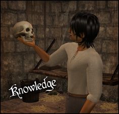 a woman holding up a skull in front of a stone wall with the words knowledge on it