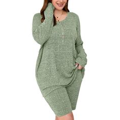 Bring some subtle edge to your collection of classic lounge sets in this plus size pajama sets. The soft feel material is just what all ladies need. Its the perfect throw on lounge outfit, or better yet get out of the house outfit. FEATURES: 2 Piece lounge sets, loose ribbed pajama sets, crew-neck oversized matching outfits sets, long sleeves T-shirt, batwing sleeves shirt, high waisted biker short bodycon pants. MATERIAL: Super lightweight, comfy, and stretchy ribbed fabric. High elastic and ro Ribbed Lounge Set, Batwing Sleeve Shirt, Plus Size Pajamas, Lounge Outfit, House Clothes, Loungewear Sets, Biker Shorts, Outfit Set, Matching Outfits