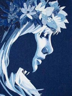 a painting of a woman's face with flowers in her hair, on a blue background