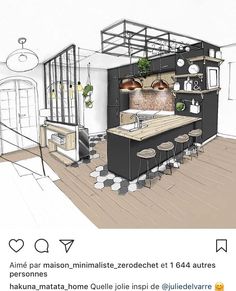 a drawing of a kitchen with an island in the middle and lots of counter space