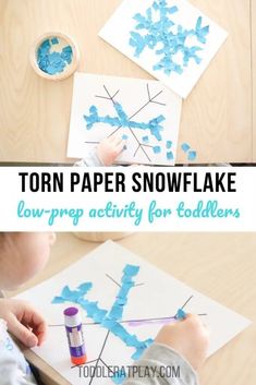 two pictures with the words torn paper snowflake on them and an image of a child