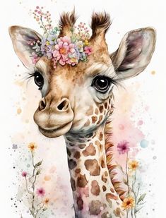 a painting of a giraffe with flowers on its head