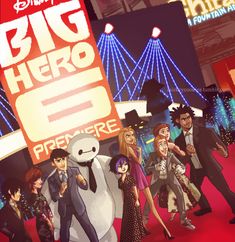 the big hero movie poster is shown with many people walking around in front of it